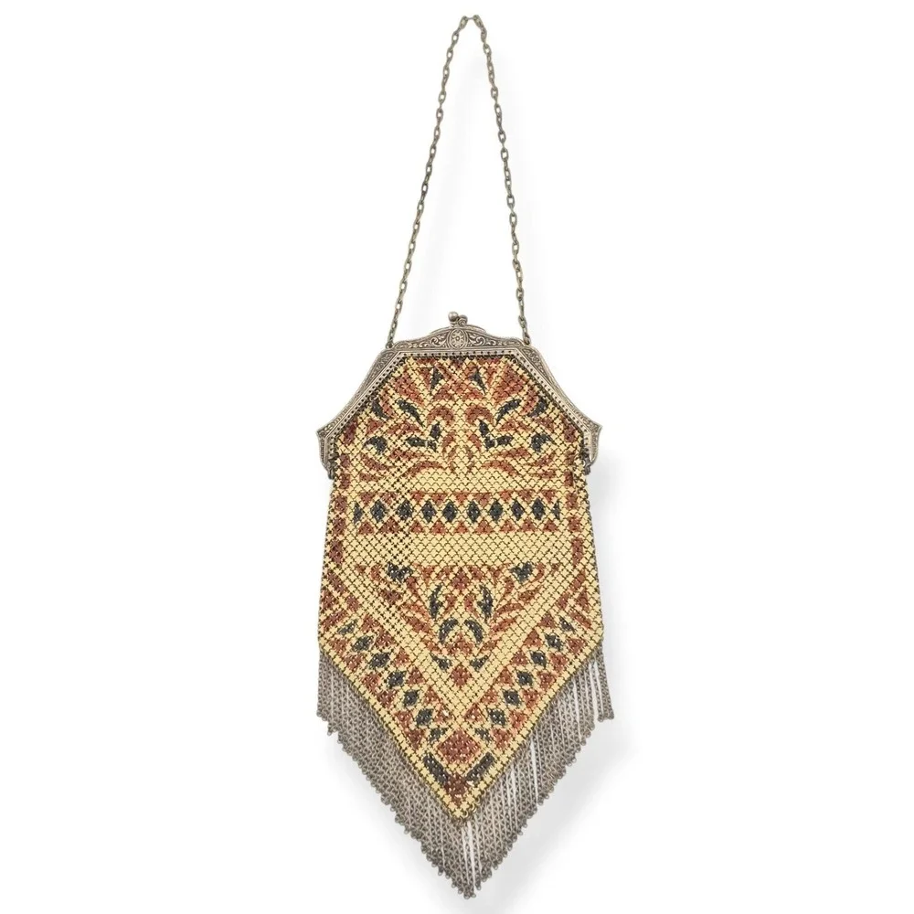 Antique Mandalian Art Deco Enamel Mesh Flapper Purse Red Black Yellow Beige 20s